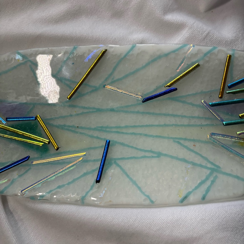MCM Contemporary Abstract Art Elongated Oval Fused Glass Piece Decor Piece - Picture 5 of 10